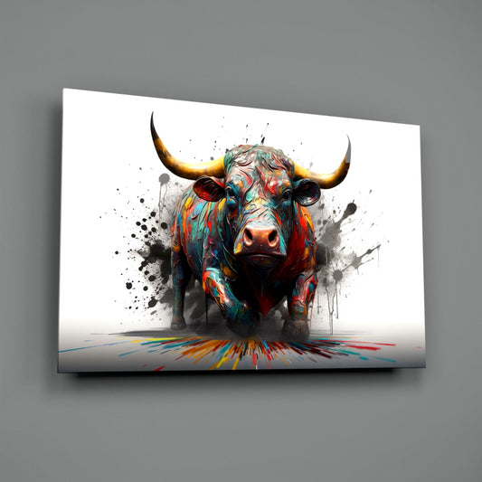 Rainbow splash bull glass wall art on a gray wall with a glossy surface