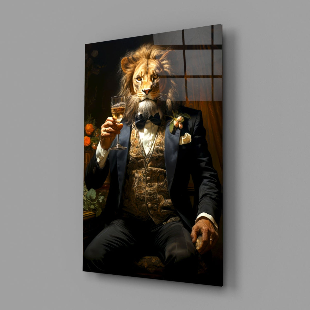 Dapper lion portrait glass wall art on a plain gray wall