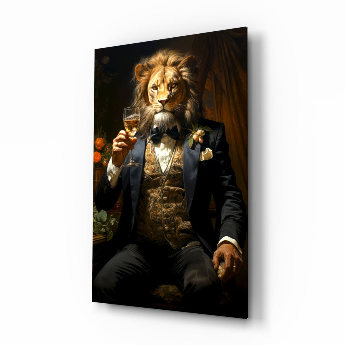 Lion in a navy tuxedo holding a glass of wine, glass wall art on a white background