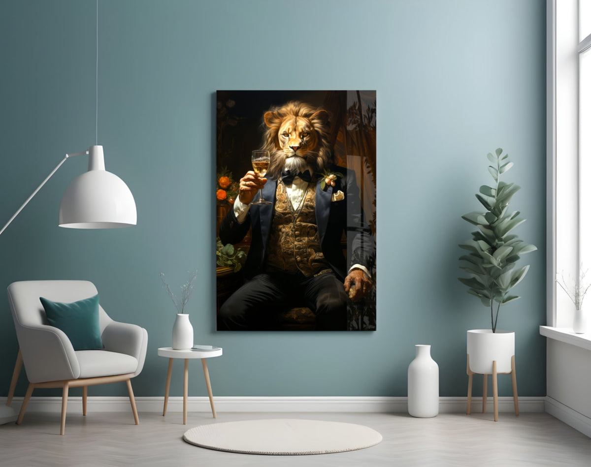 Tuxedo lion glass wall art on a pale blue wall above a small side table and armchair