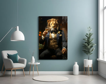 Tuxedo lion glass wall art on a pale blue wall above a small side table and armchair