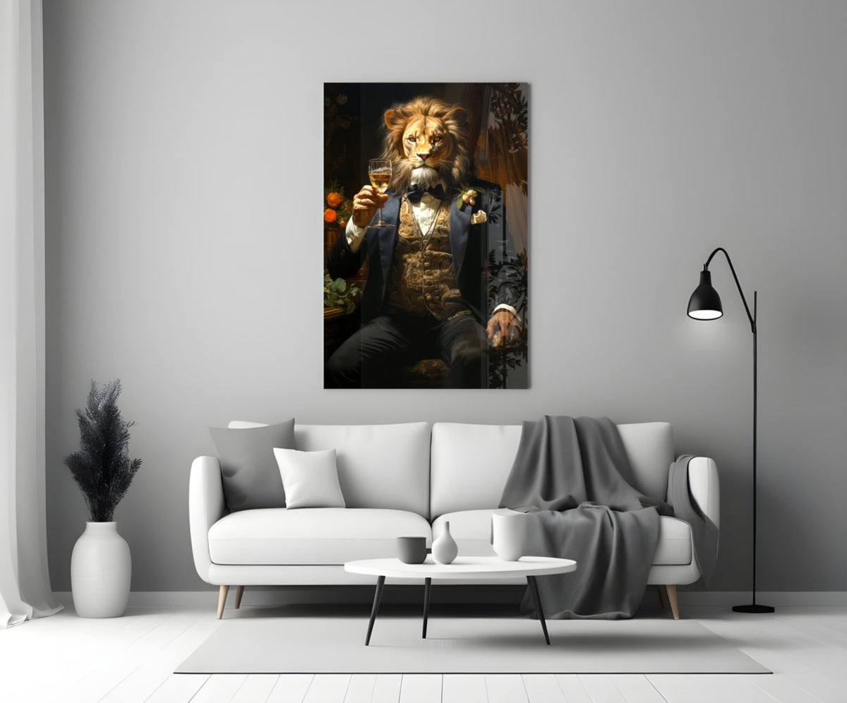 Lion in tuxedo glass wall art above a white sofa beside a floor lamp