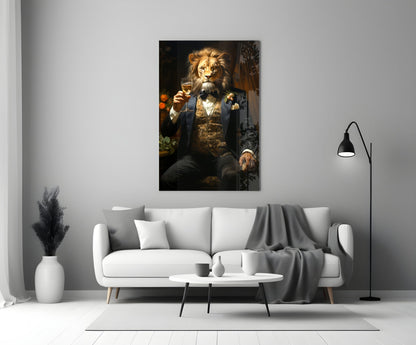 Lion in tuxedo glass wall art above a white sofa beside a floor lamp