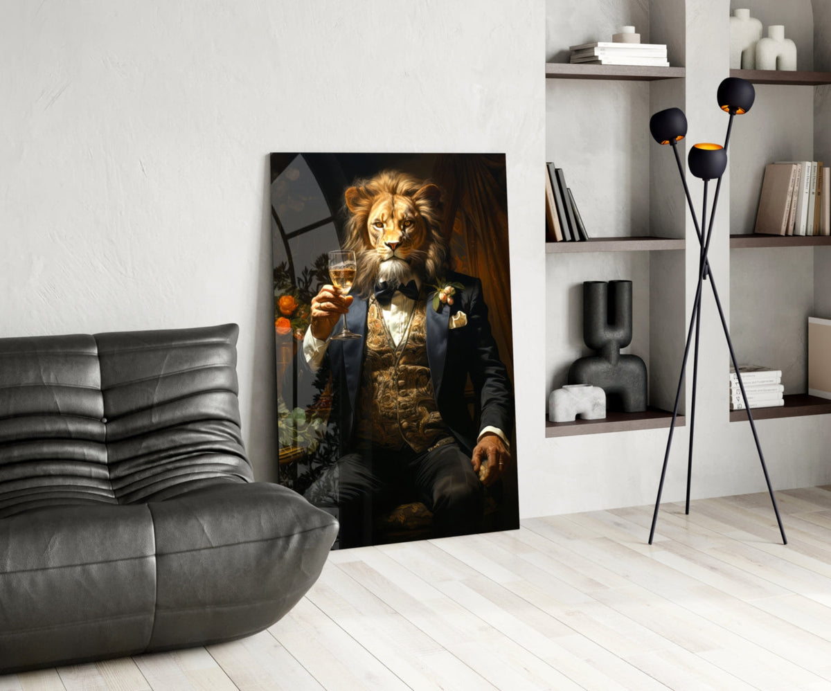 Lion portrait glass wall art leaning on the floor beside a black leather chair and shelves