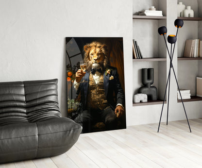 Lion portrait glass wall art leaning on the floor beside a black leather chair and shelves
