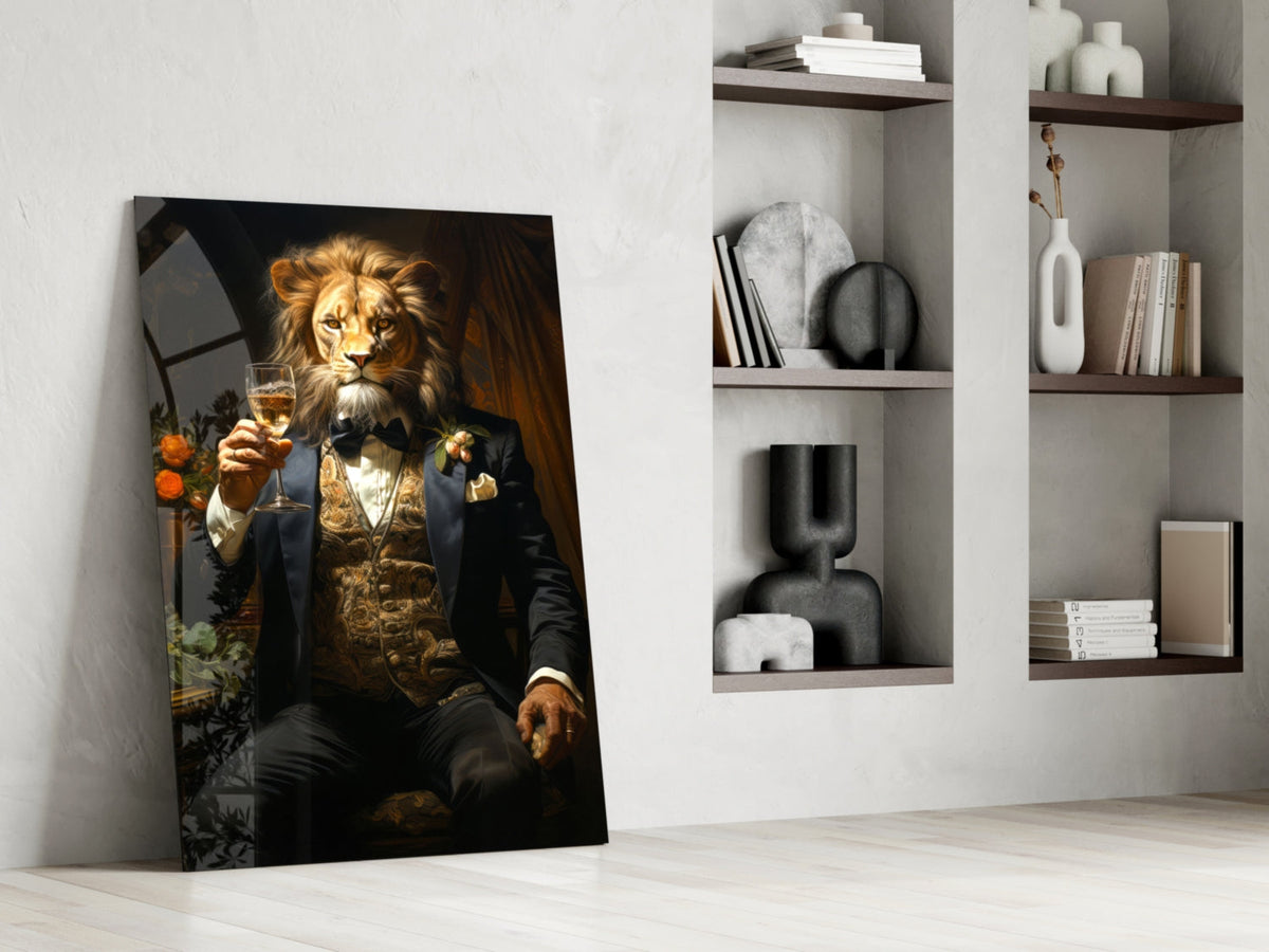 Dapper lion glass wall art leaning against a white wall beside open shelves