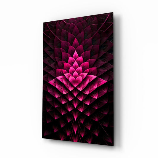 Layers of magenta and pink petals spreading out from a bright center on deep black, glass wall art on a white background