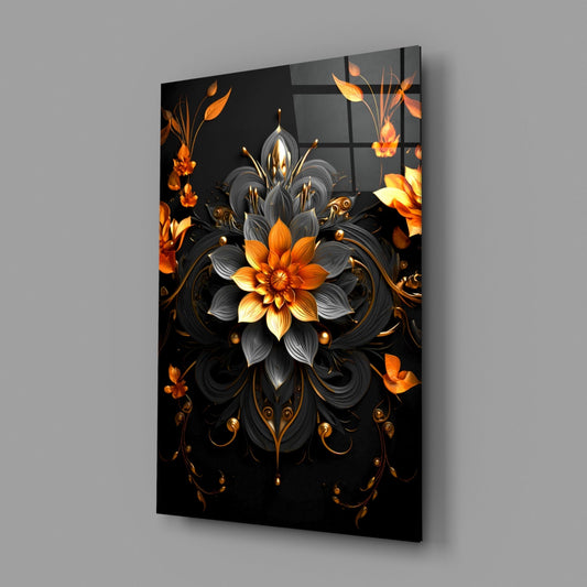 Orange lotus mandala glass wall art on a plain gray wall with a window reflection in the glass