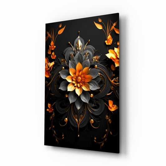 Orange lotus mandala with gold scrollwork and small orange blossoms on a deep black background, tall glass wall art