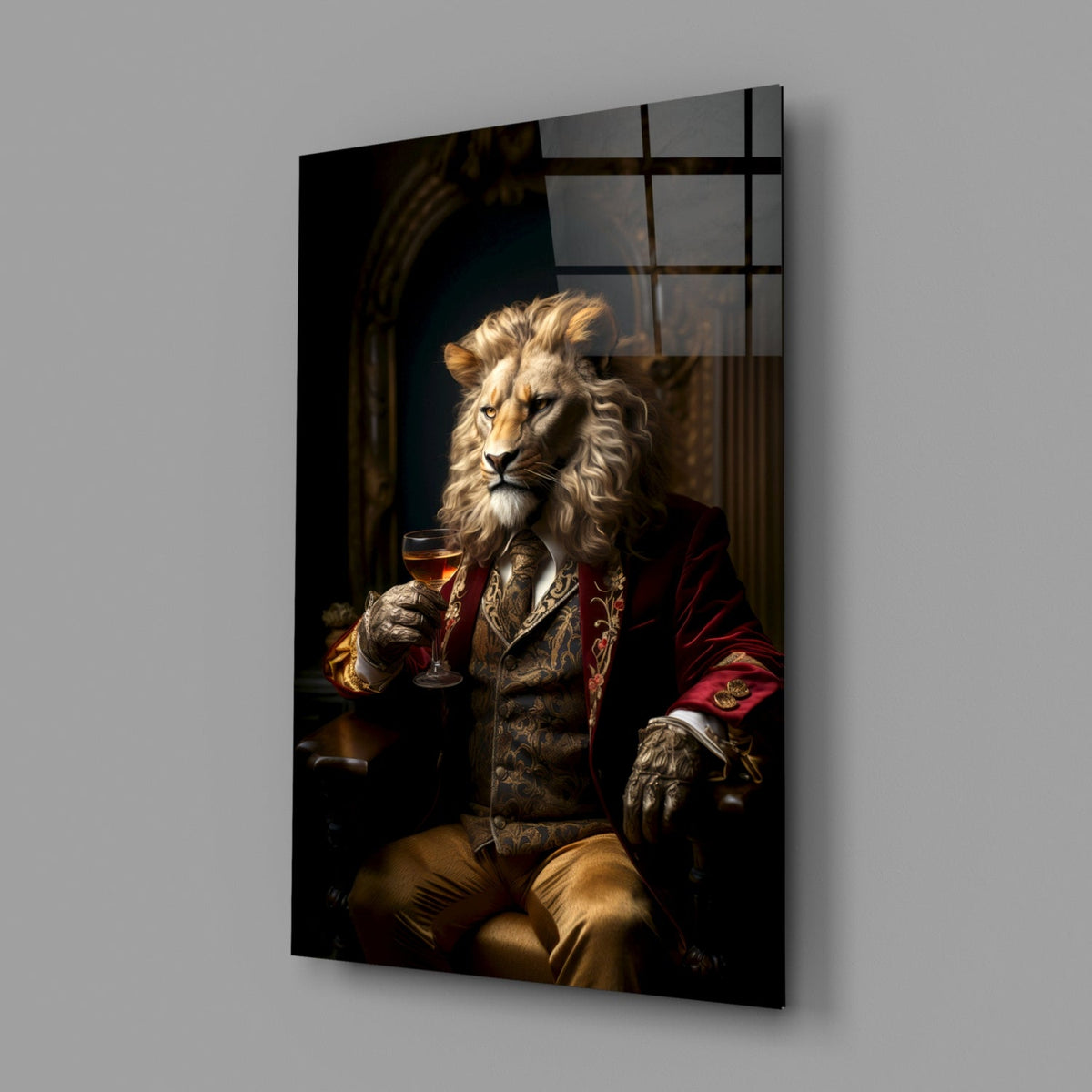 Lion gentleman in a red coat glass wall art on a plain gray wall
