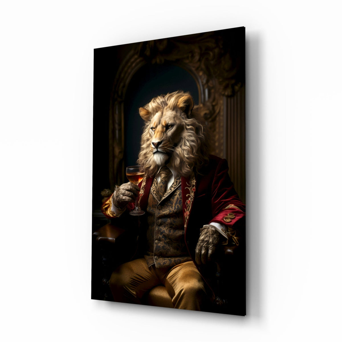Lion gentleman in a red coat glass wall art on a white background, angled to show the glass