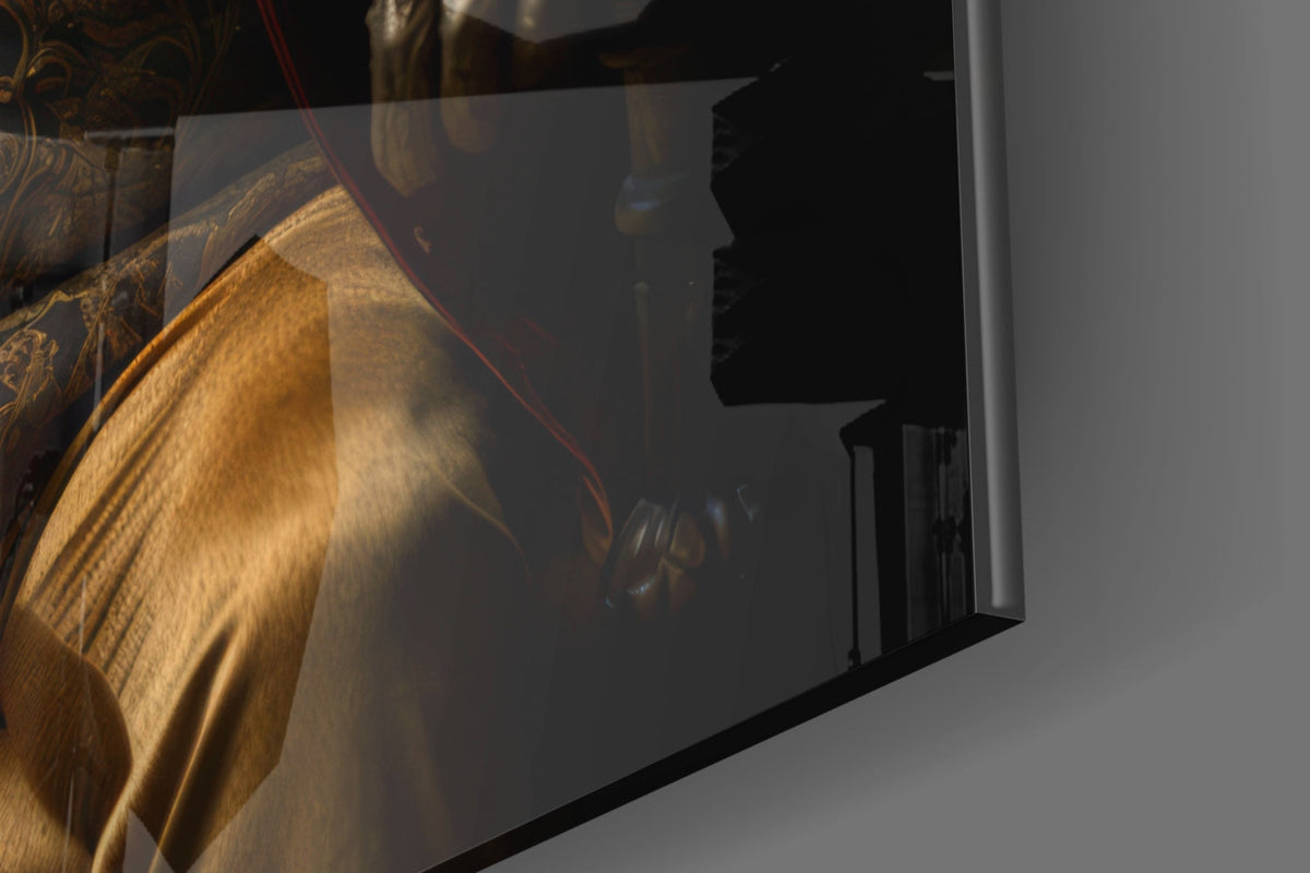 Lion gentleman in a red coat glass wall art edge close-up showing the glossy tempered glass surface