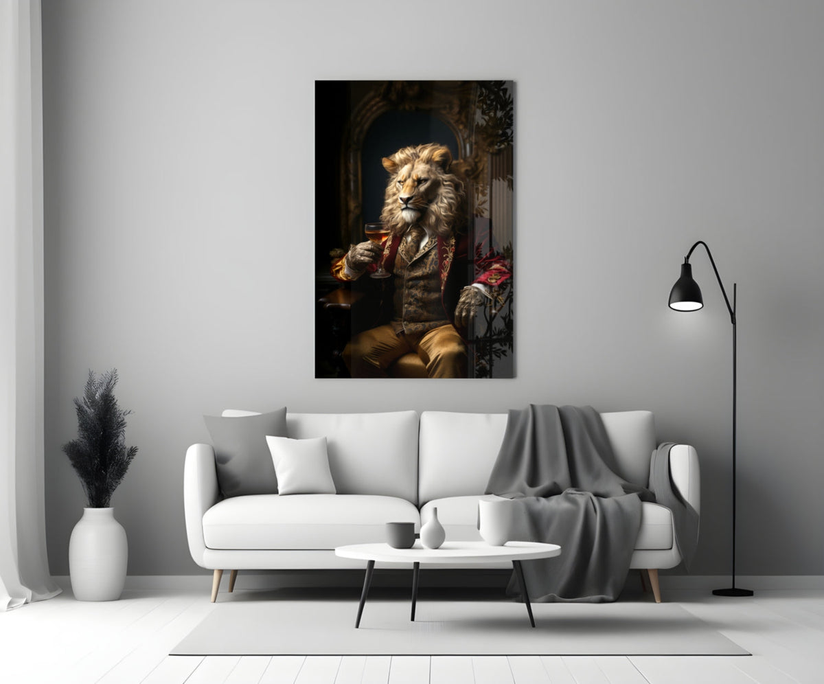 Lion gentleman in a red coat glass wall art on a white wall beside a white sofa, gray throw and black floor lamp