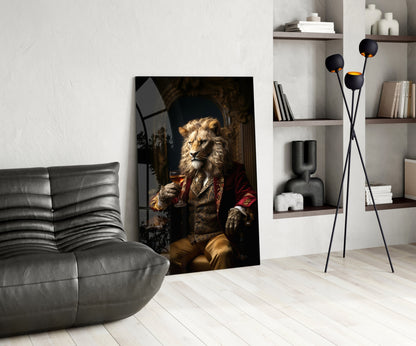 Lion gentleman in a red coat glass wall art leaning on a white floor beside a black leather lounge chair and floor lamp