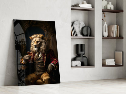 Lion gentleman in a red coat glass wall art leaning against a white wall beside built-in shelves with vases