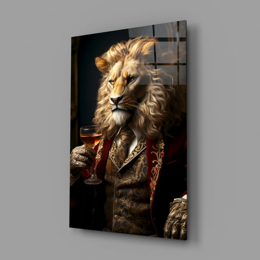Crimson coat lion portrait glass wall art on a gray wall with a glossy finish