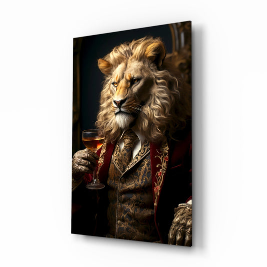 Lion in a crimson coat and brocade waistcoat holding a glass of red wine, portrait glass wall art