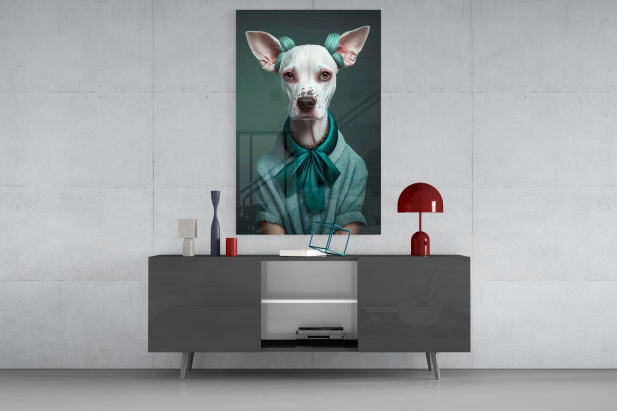 White dog with teal bow glass wall art above a gray sideboard with a red mushroom lamp