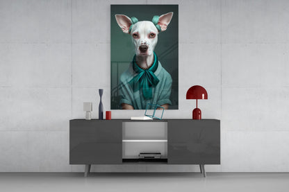 White dog with teal bow glass wall art above a gray sideboard with a red mushroom lamp