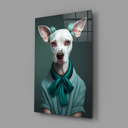 White dog with teal bow glass wall art on a gray wall with a glossy reflection