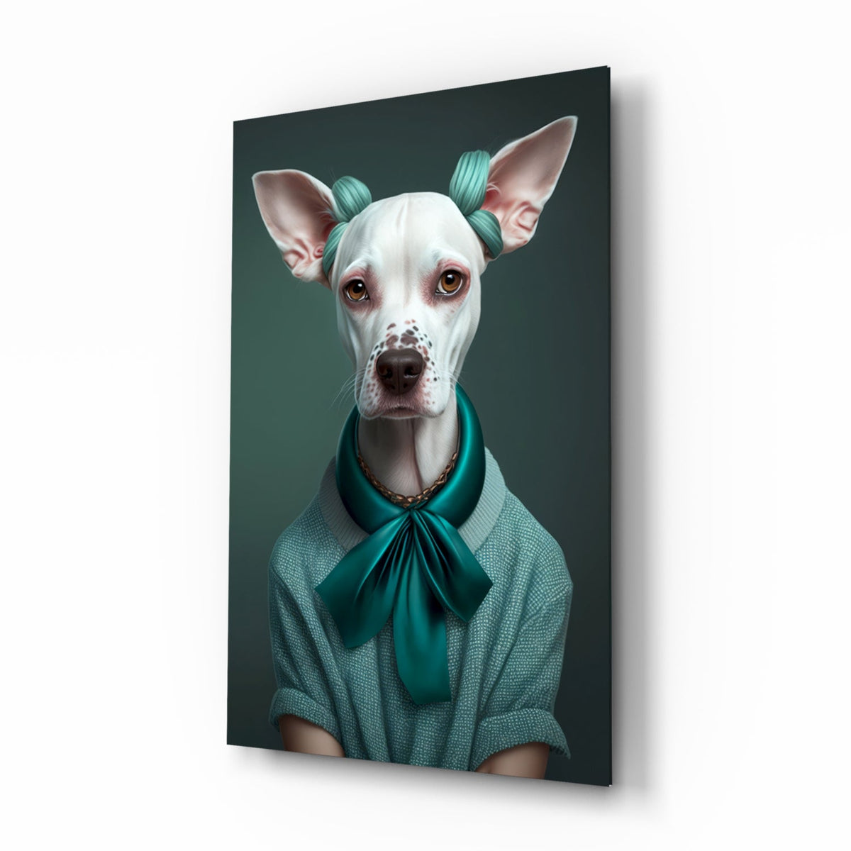 White dog with teal bow glass wall art on a white background, tall piece shown at an angle