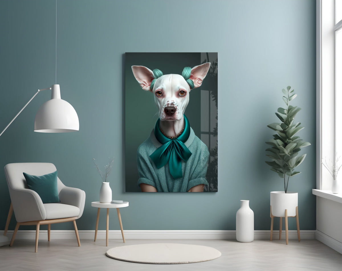 White dog with teal bow glass wall art on a teal wall beside a white armchair and potted tree