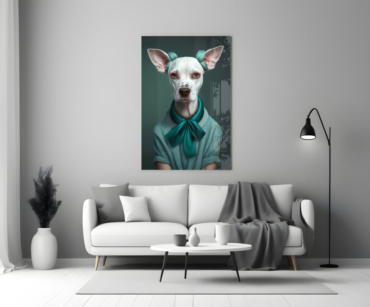 White dog with teal bow glass wall art above a white sofa beside a black floor lamp