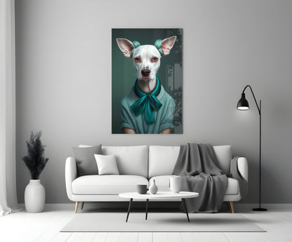 White dog with teal bow glass wall art above a white sofa beside a black floor lamp