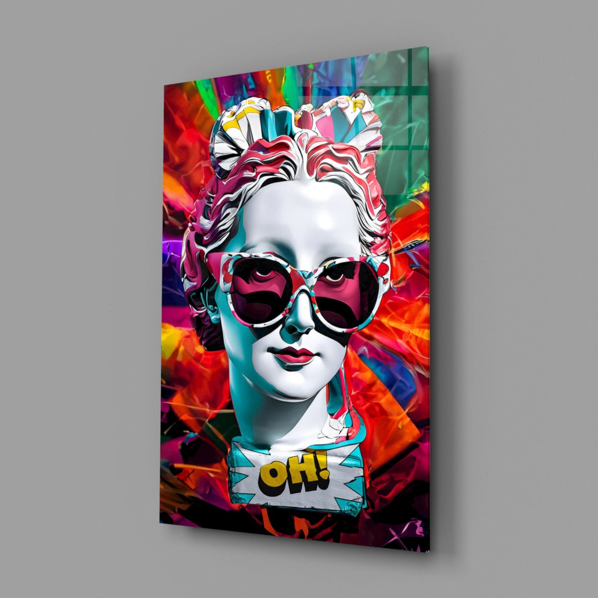 White bust in sunglasses glass wall art angled against a soft gray backdrop