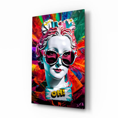 White Bust in Sunglasses on Rainbow Burst glass wall art shown on a plain white background