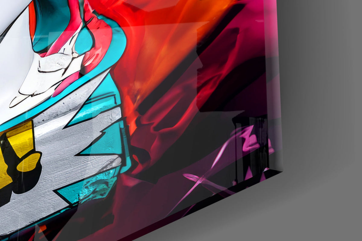 Close-up of the glossy tempered glass edge on the White bust in sunglasses glass wall art