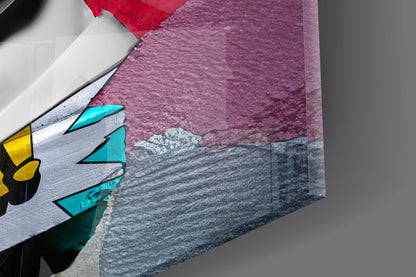 Close-up of the glossy tempered glass edge on the marble bust in pink sunglasses on teal collage print