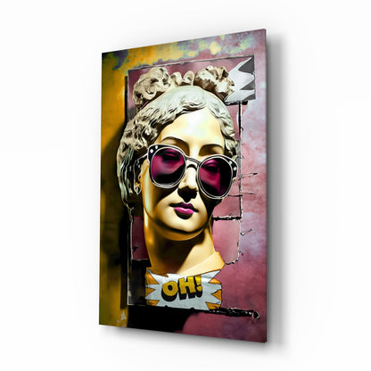 Gold bust in sunglasses on torn pink wall glass wall art shown at an angle on a white background