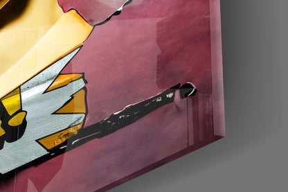 Close-up of the glossy tempered glass edge on the gold bust in sunglasses on torn pink wall print
