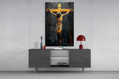 Golden Crucifixion Glass Wall Art