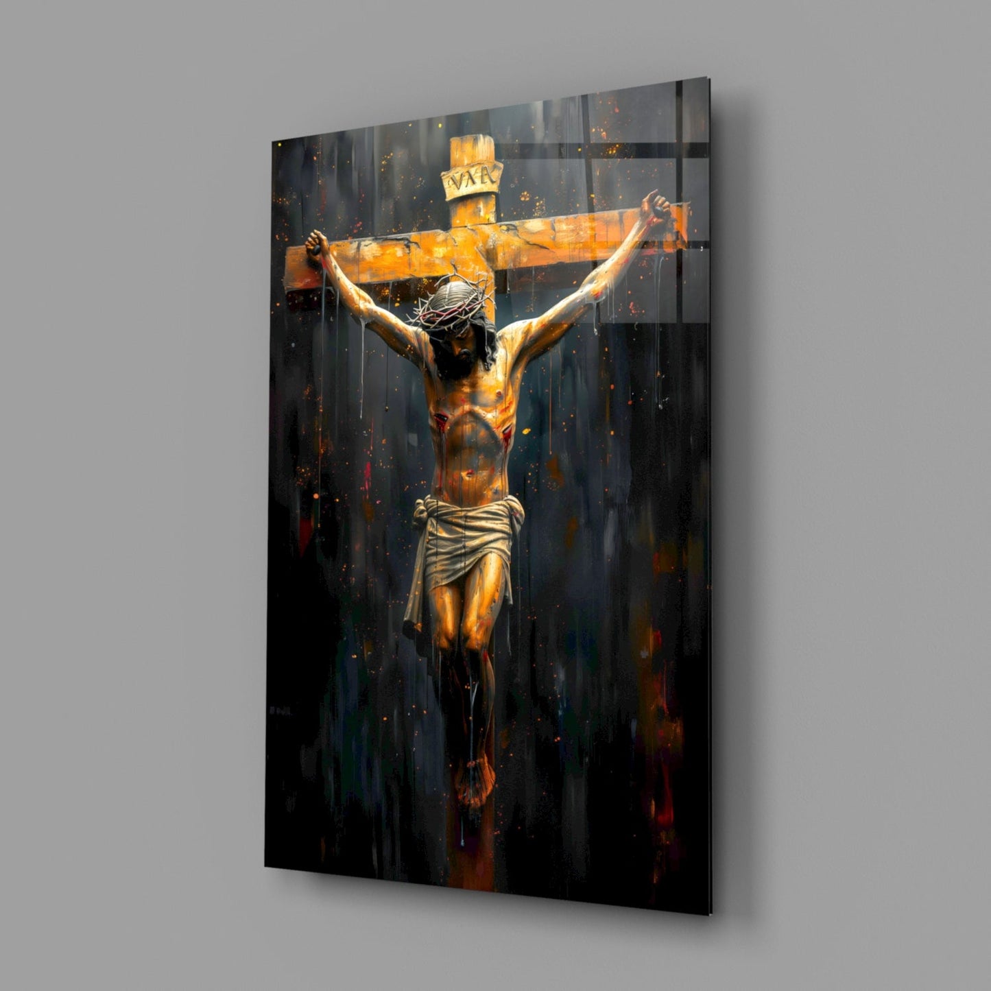Golden Crucifixion Glass Wall Art