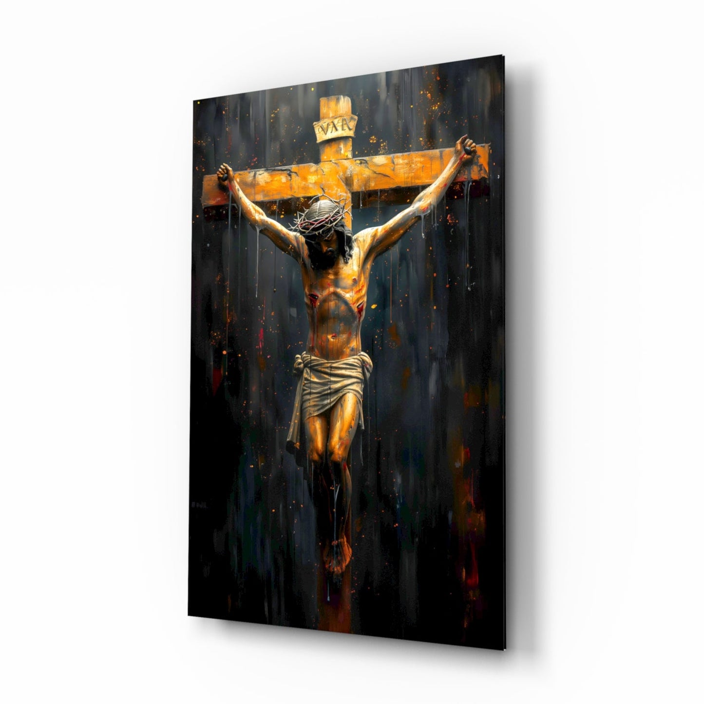 Golden Crucifixion Glass Wall Art