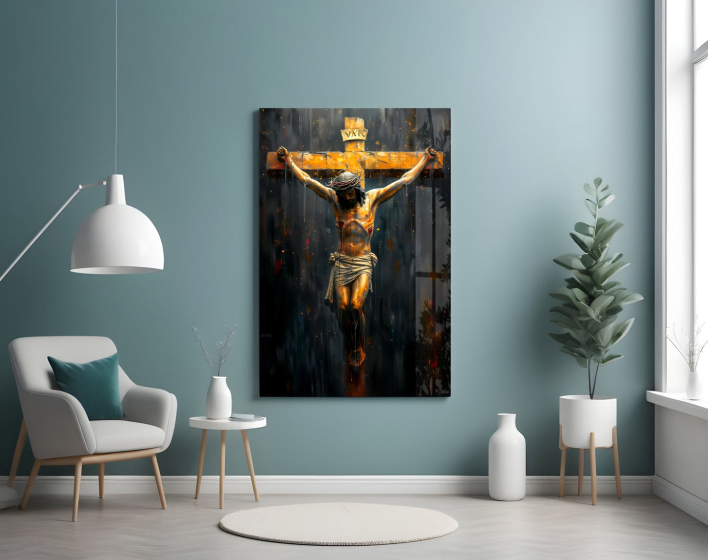 Golden Crucifixion Glass Wall Art