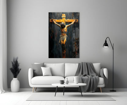 Golden Crucifixion Glass Wall Art