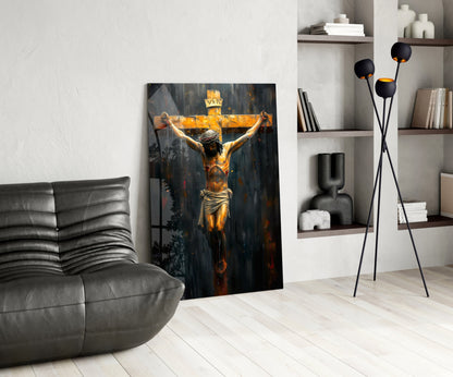Golden Crucifixion Glass Wall Art
