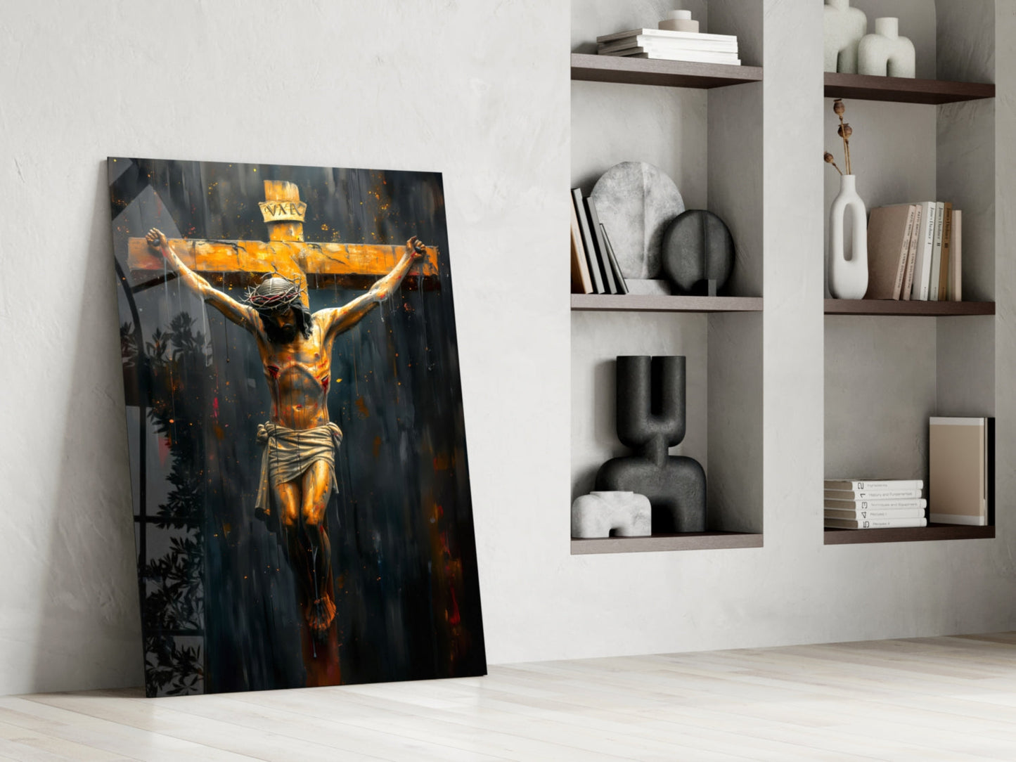 Golden Crucifixion Glass Wall Art