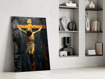 Golden Crucifixion Glass Wall Art