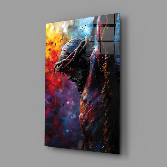Jesus with crown of thorns tempered glass print angled against a gray wall