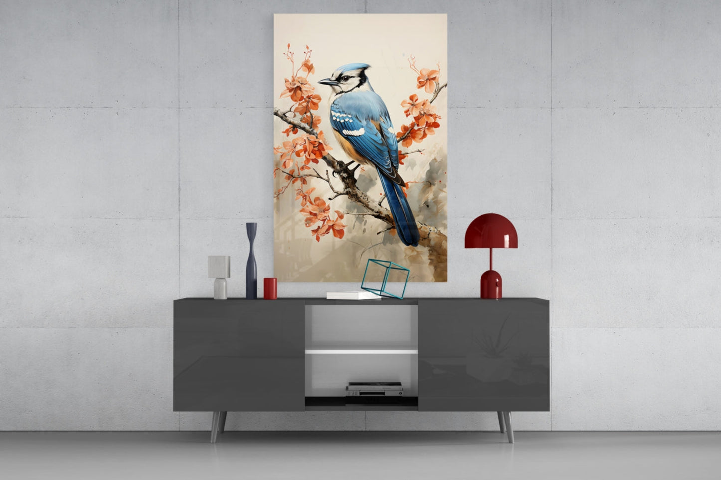 Blue Jay on Branch Glass Wall Art