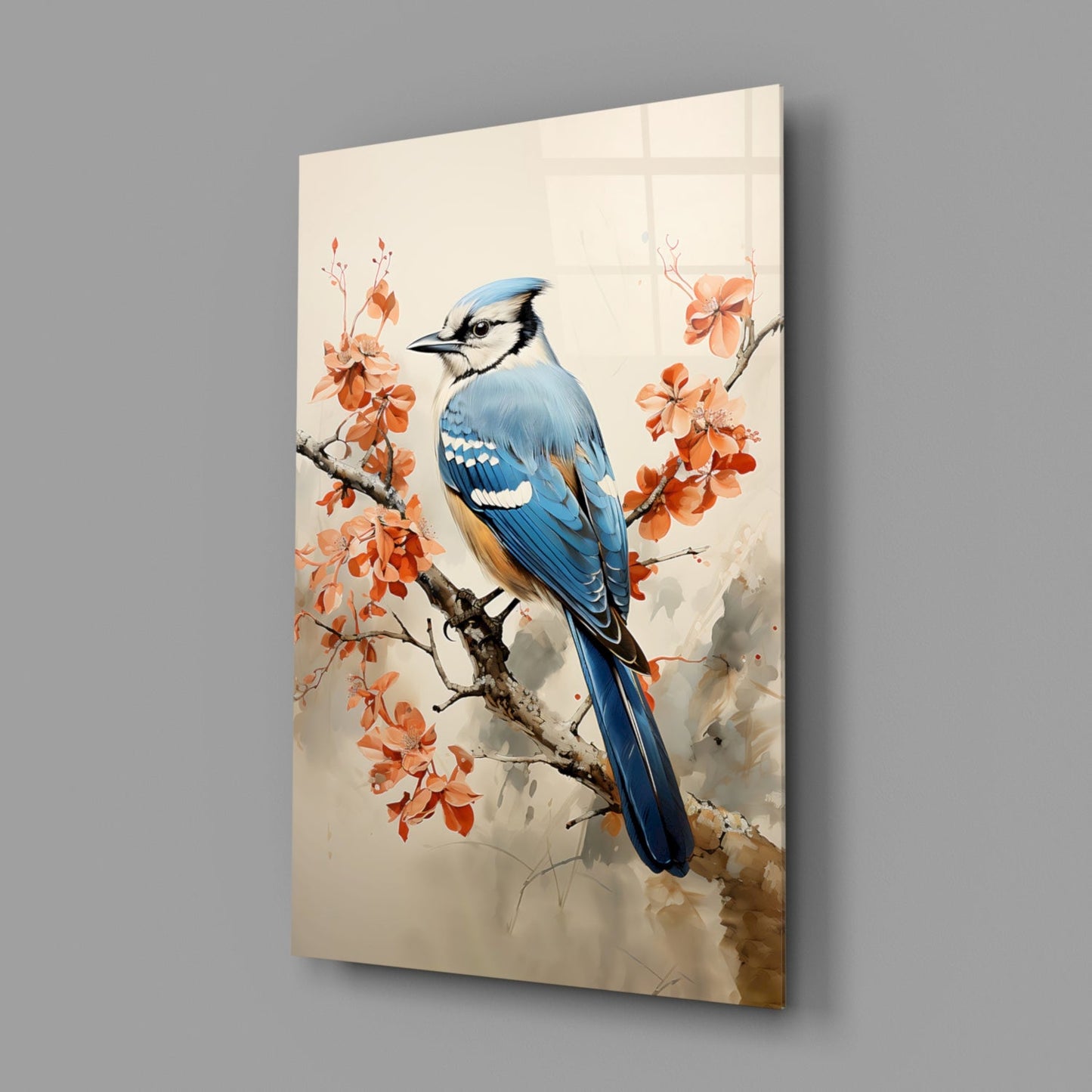 Blue Jay on Branch Glass Wall Art