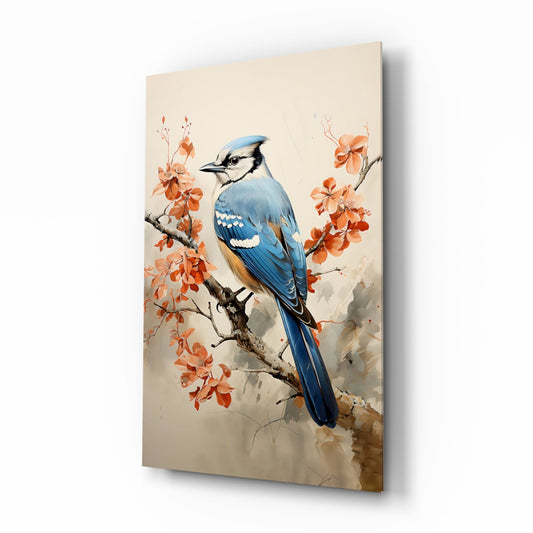 Blue Jay on Branch Glass Wall Art