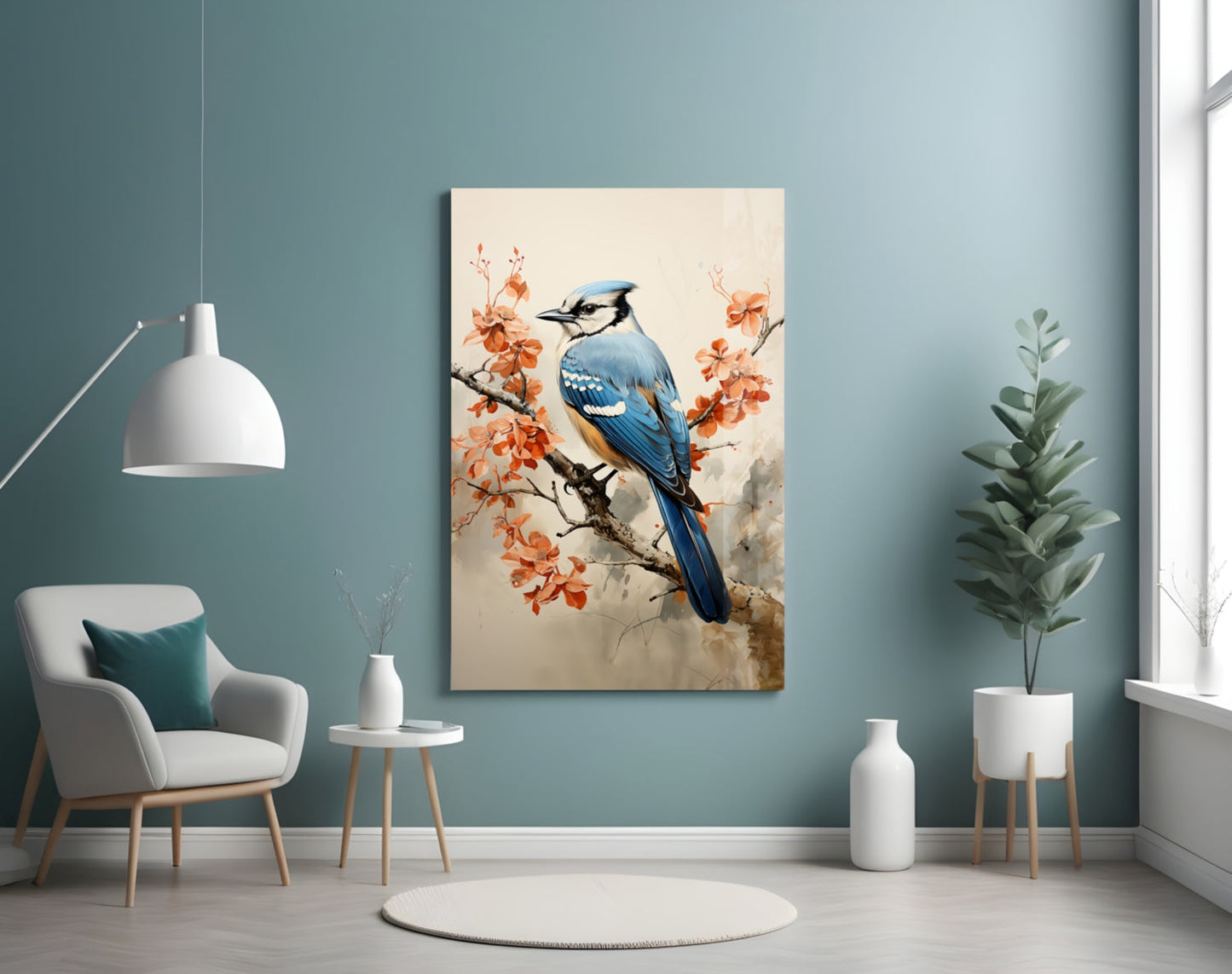 Blue Jay on Branch Glass Wall Art