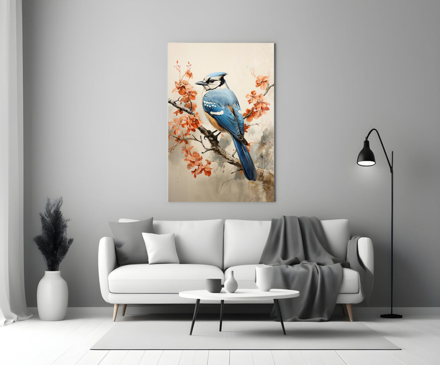 Blue Jay on Branch Glass Wall Art