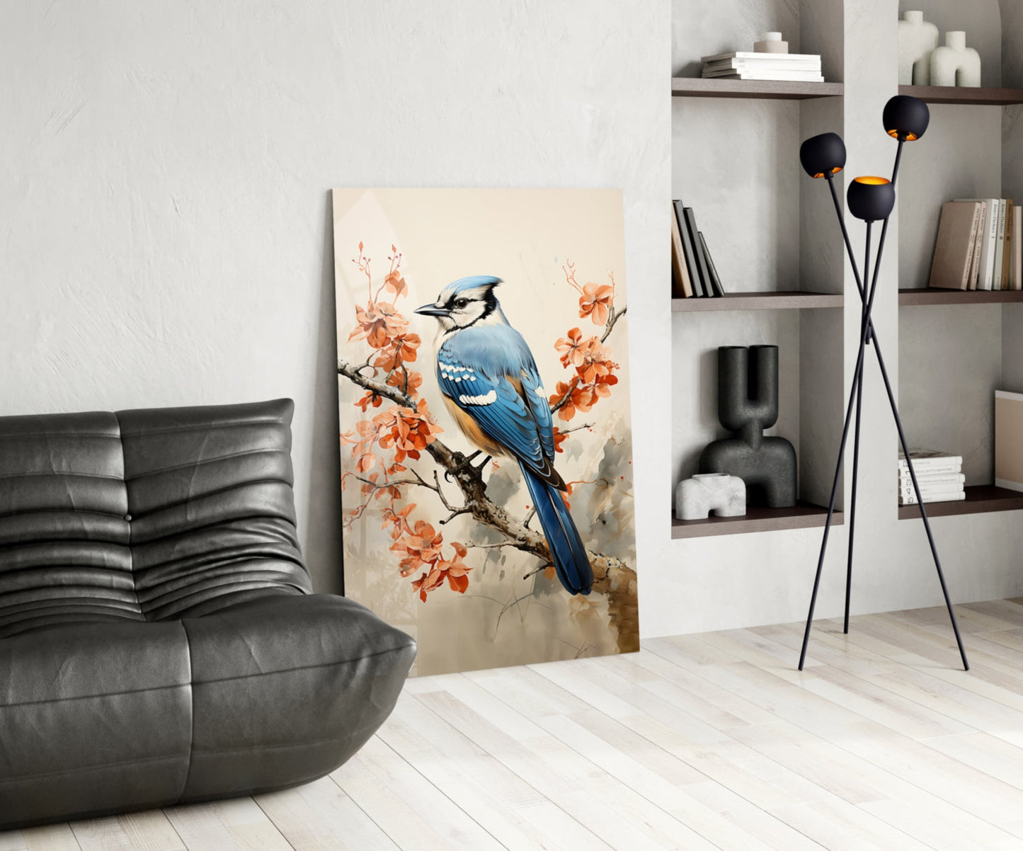 Blue Jay on Branch Glass Wall Art