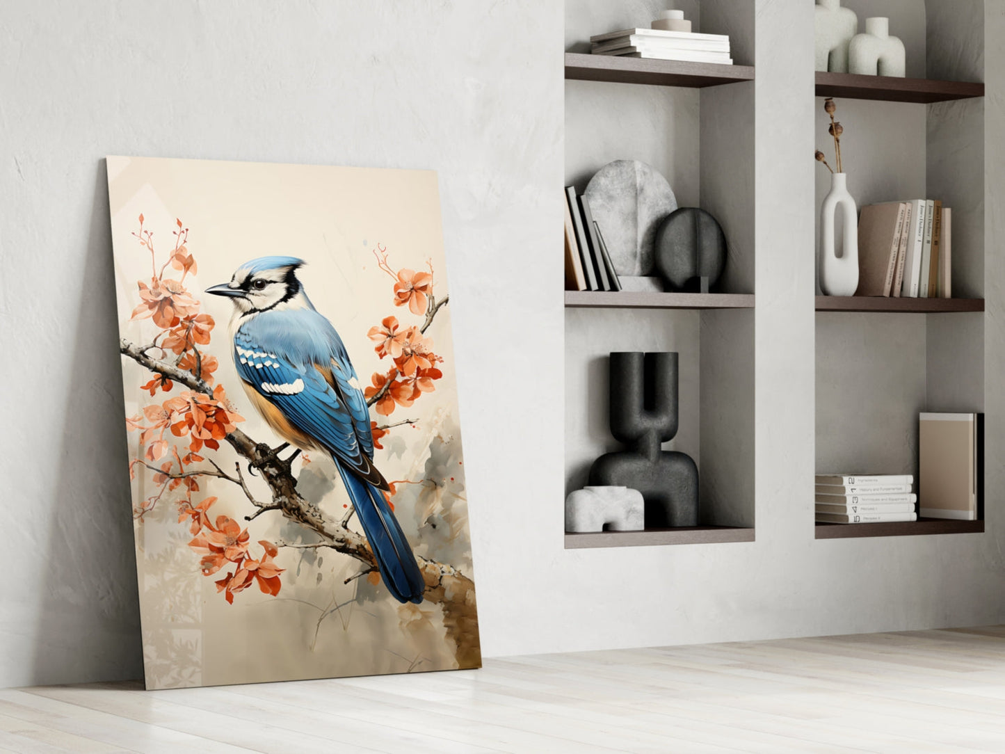 Blue Jay on Branch Glass Wall Art